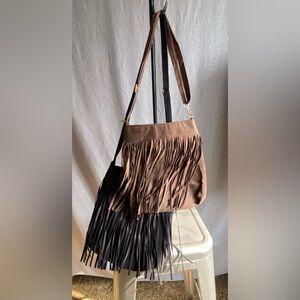 BOGO ! 2 Faux Suede Fringe Fabric Shoulder Bag - Brown and Black